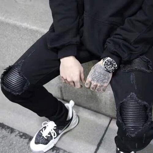 Idopy Men`s Ripped Biker Jeans Slim Fit Hi-Street PU Patchwork Motorcycle Denim Joggers Pants With Knee Holes For Men