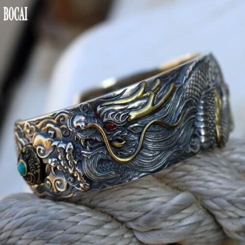 New s925 pure silver dragon bracelet men, wide personality bracelet retro ethnic style can be turned pure handmade men bracelet