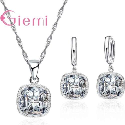 Fashion Big Square Crystal Necklace Earring Sets 925 Sterling Silver Choker Women Wedding Sets Girl Lovers Gift