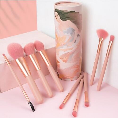 New Arrival 9pc Makeup Brush Set Loose Powder Blush Eyeshadow Brush Illustration With Storage Bucket Foundation Brush