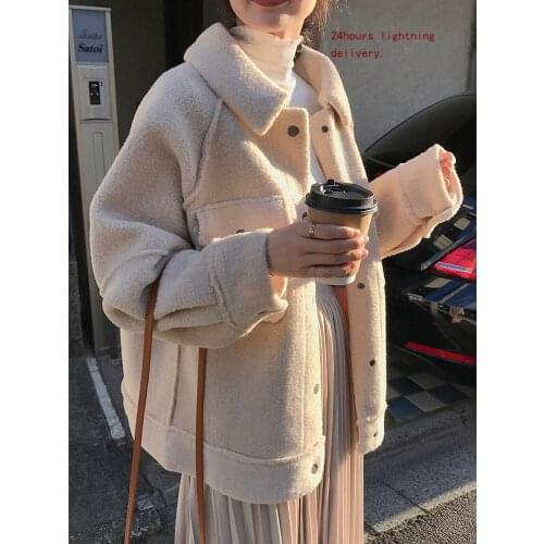 JESSIC 2021 Early Spring New Loose Plush All-match Jacket Lamb Fur One Short Thick Female Jacket