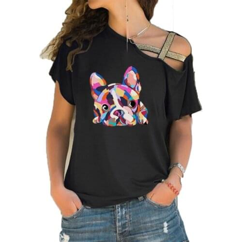 New Summer Pretty French Bulldog Zoe Print Funny Teeshirt Women Short sleeve Loose Irregular Skew Cross Bandage Tops Tee