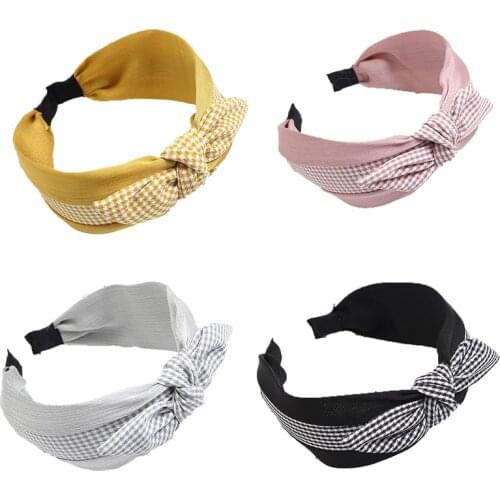 Classic female wide knotted hairband women girls hair head hoop bands accessories plaid Fabric rabbit ears Bow headband Headwear