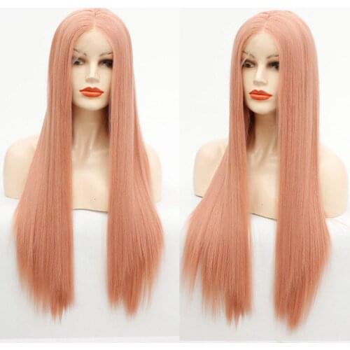 24 Inch Rose Pink Lace Front Wigs Long Straight Half Hand Tied Synthetic Wig Pre Plucked Natural Looking Bleached Knot For Women