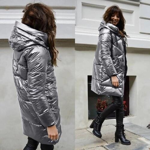 Clothing Quilted Glitter Warm Puffer Womens Parka Padded Outerwear Long Cotton Elegant Female Winter Coat Hooded Sleeve Jacket