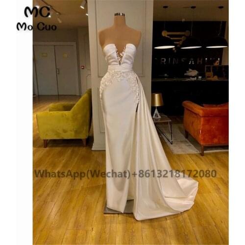 Sheath 2021 Ivory Prom Evening Dresses with Train Pleat Appliques Lace Shiny Satin Womens Evening Gown Custom Made
