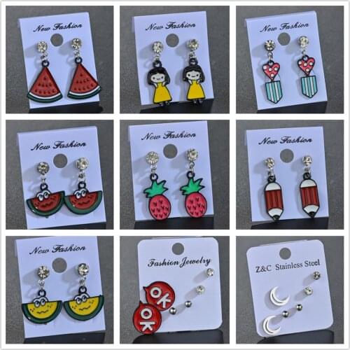 Luokey Cute Animal Earrings For Women Hanging Cartoon Lovely Watermelon/Cross/Car/Moon Stud Earrings Girls Earing Jewelry