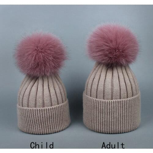 New Kids Parent Child Fox Fur Ball Beanie Hats for Women Baby Caps Men Boy Bonnet Beanies Chapeau Femme Cap Gorros Hat Casquette