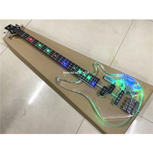 High quality crystal acrylic 4-string transparent electric bass color LED flashing closed pickup free shipping