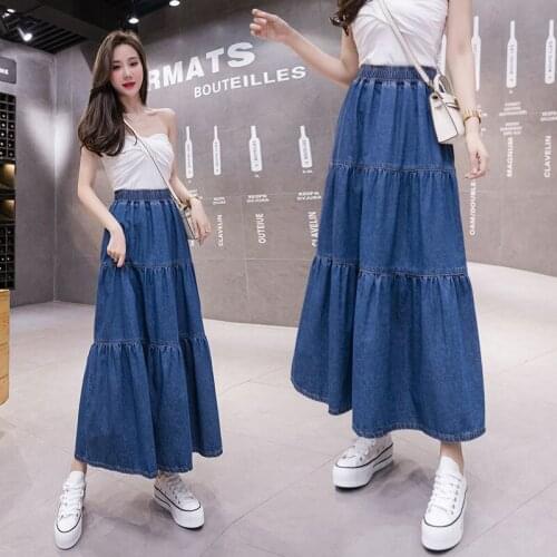 2021 Summer Solid Color Korean Style Women Long Skirts Loose Ruffle Denim Skirt High Elastic Waist Skirts Plus Size 5XL Y244