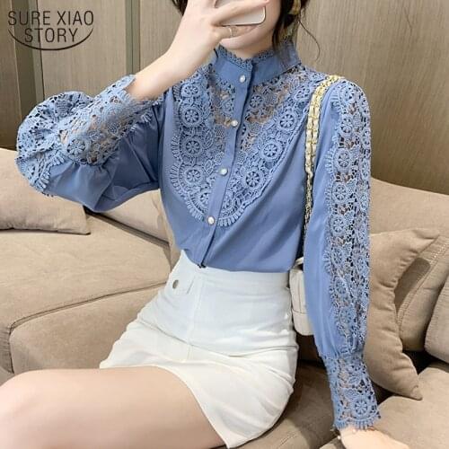 2021 New Spring Korean Lace Stitching Shirt Sweet Chic Hollow Flower Buttons Ladies Tops Stand Collar Long Sleeve Blouse Women