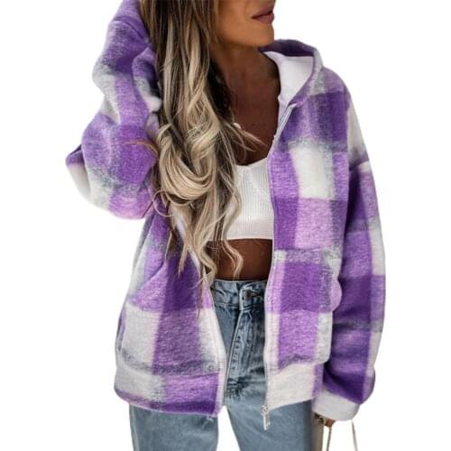 2021 New Autumn Women Jackets Streetwear Hooded Jacket Plaid Pattern Zipper Women Loose Pockets Warm Sweatshirt Coat Streetwear
