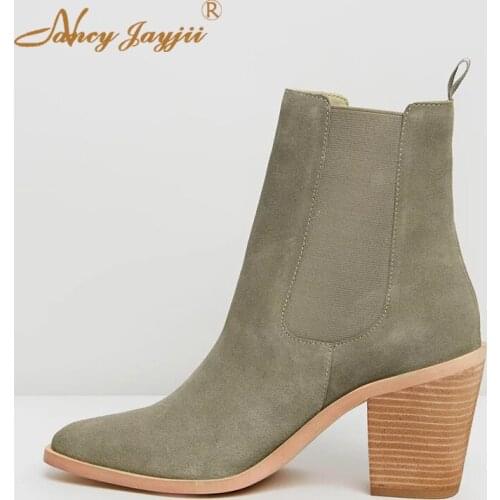 Green Mid High Heeled Ankle Boots Spring Elastic Band Wood Print Block Heels Pointed Toe Elegant Fashion Women Shoes 2021