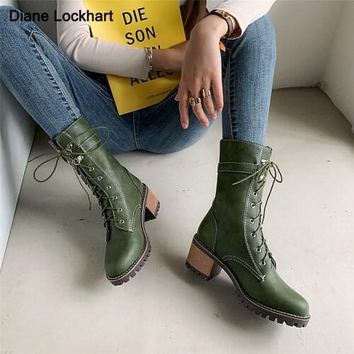 Winter Lacing Ankle Boots Women PU Leather 2021 Fashion Autumn Square Heel Belt Buckle Motorcycle Non-slip Female Platform Boots