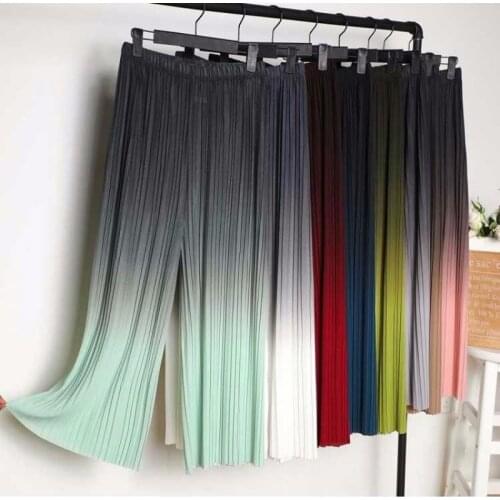 Female Summer Ice Silk Gradient Color Wide Leg Pants Pleated Nine Points Large Size High Waist Drape Skirt Straight Beach Pants