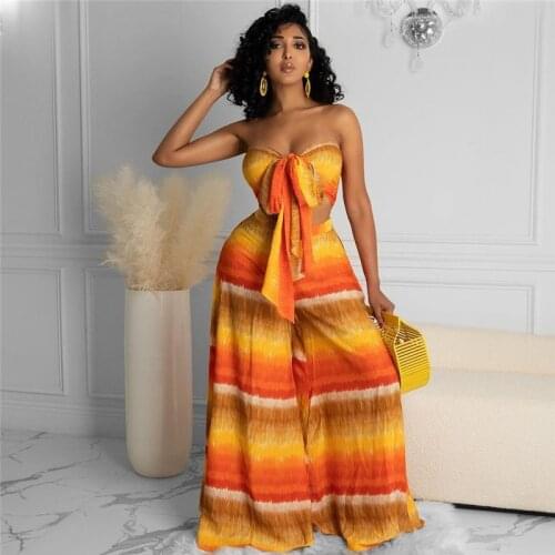 Imcute Tie Dyeing Print 2 Pieces Women Suits Beach 2021 Sexy Off Shoulder Strapless Bow Tubes Tops High Waist Wide Leg Pants