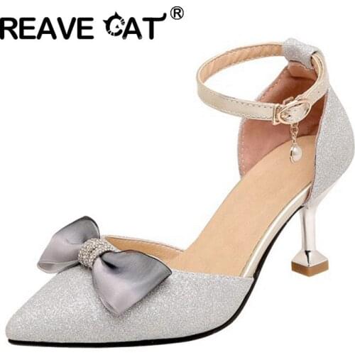 REAVE CAT New 2021 Women Pumps Pointed Toe 6.5cm Strange Heels Bowtie Buckle Pearl Stylish Sweet Big Size 32-43 Date A3809