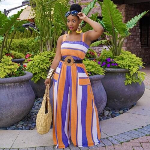 Spaghetti Strap Sleeveless Womens Jumpsuit Casual Striped Color Block Loose Wide Leg Overall Summer Backless One Piece Outfit