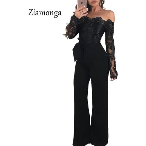 Ziamonga Sexy Off Shoulder Floral Embroidery Lace Jumpsuit Women Sheer Long Sleeve Fitted Romper Wide Leg Pants Women Bodysuits