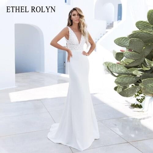 ETHEL ROLYN Mermaid Wedding Dress 2021 Charming Backless Beading Appliques Bride V-Neck Stretch Satin Sleeveless Bridal Gown