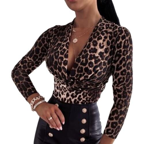 Women Long Sleeve Leopard Bodysuits Tops 2021 Autumn Ladies V-neck Bodycon Body Top Casual Elegant Blouse Female