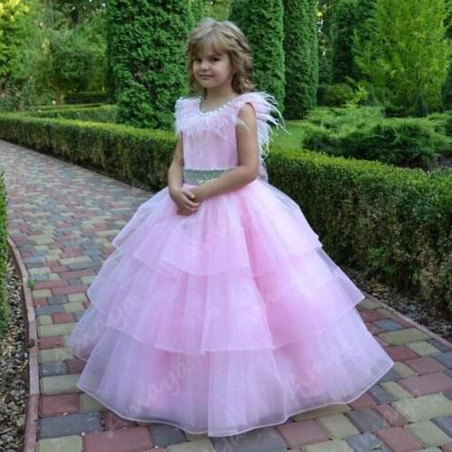 Amaya Pink Flower Girls Dresses Feather Sequin Sashes Sleeveless Pageant Communion Birthday Girl Christmas Gowns Vestido de Niña