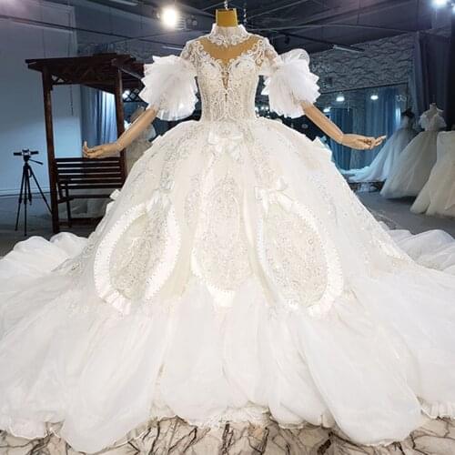 New White Champange Luxury High Neck Lace Wedding Dress 2021 Bridal Gown Lace Applique Women Bow Metal Sequins Customizable