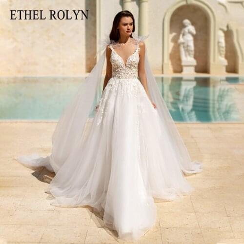ETHEL ROLYN A-Line Wedding Dress 2021 Charming V-Neck Chic Beaded Lace Appliques Bride Backless Bow Spaghetti Straps Bridal Gown
