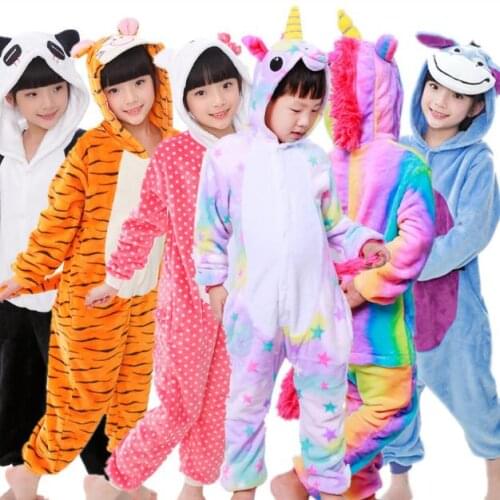 2020 Stitch Unicorn Panda Tiger Pig Totoro Koala Animal Onesies Kids Cartoon Pajamas Girls Boys Flannel Sleepwear Jumpsuit