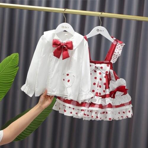 2021 Baby Girl Spanish Dresses for Children Lolita Princess Ball Gown Infant Vintage Boutique Polka Dot Dress with White Shirt