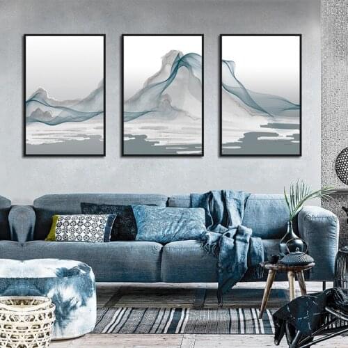 Abstract New Chinese Style Line Art Mountain River Landscape Poster Canvas Rrint Picture for Living Room Bedroom Study Decor