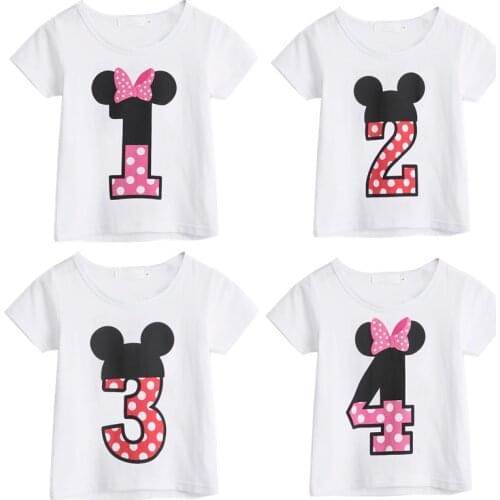 Baby Girls T Shirt Kids 1st 2nd 3 4 Year Birthday Party Top Number Print Mini Mouse Short Sleeve Summer Tees Children Clothes