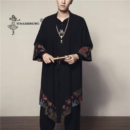 Long Section Japanese Kimono Cardigan Men Yukata Male Haori Samurai Costume Kimono Jacket Mens Kimono Print Shirt Asian Clothes