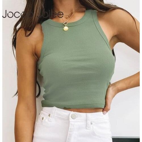 Jocoo Jolee Elegant Solid Knit Tank Tops Sexy Sleeveless O Neck Ribbed Vest Casual Skinny Off Shoulder Tee Shirts Cropped Tops