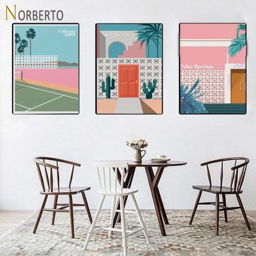 Nordic Style Canvas Painting Poster Minimalist Buildings and Plants Palm Spring California 1969 for Home Rooms Wall Decoration