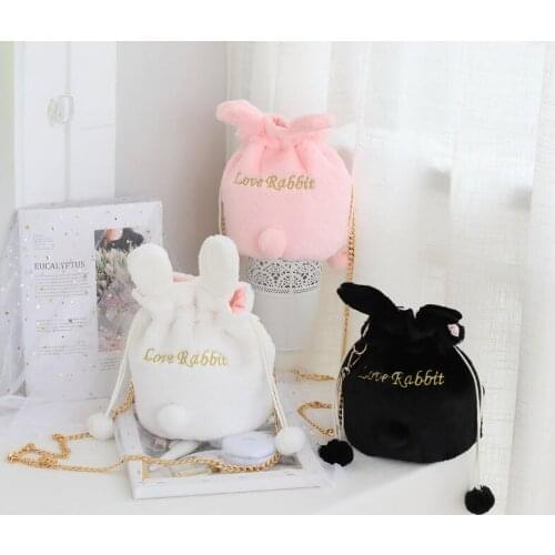 Lovely toy rabbit bucket bag Plushed cartoon rabbit shoulders bag Soft storage bag for girls Bunny doll bag