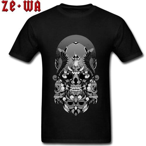 Punk Style Skull Owl Statue Man Top T-shirts Crew Neck 100% Cotton Tops Tees Novelty Hipster Digital Print Black T Shirt Mens