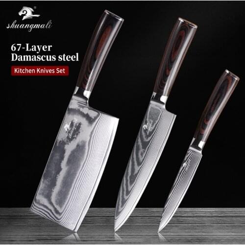 3PCS Cleaver Chef Damascus Knife Set 67Layer VG10 Damascus Chef Knives Filleting Steak Paring Slicing Knife Set With Wood Handle