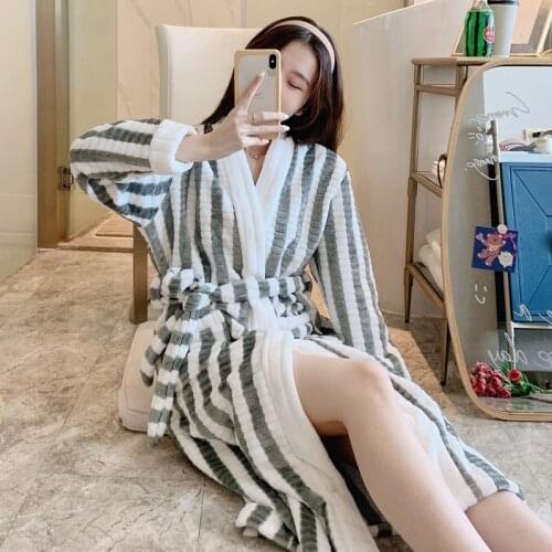 SLPBELY Flanne Stripe Winter Nightrobe Long Sleeve Robes Simple Women Nightwear Sleepwear Homewear Pajamas Casual Home Bathrobe