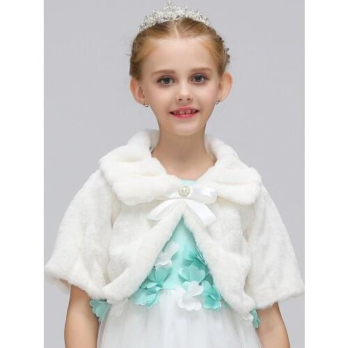 New Ivory Champange Bow Warm thick Plush Wedding Cloak Fur Junior Bridesmaid Cape for communion dress flower girls jacket Bolero