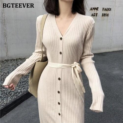 BGTEEVER Autumn Solid Ladies Sweater Vestidos Casual Full Sleeve Single-breasted Lace-up Female Long Knitted Dress 2021 Winter