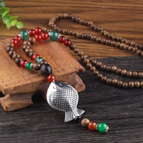 Antique Elephant Pendants Necklace Men Sweater Chain Beads Vintage Wooden Necklaces for Women Ethnic Jewelry Wholesale