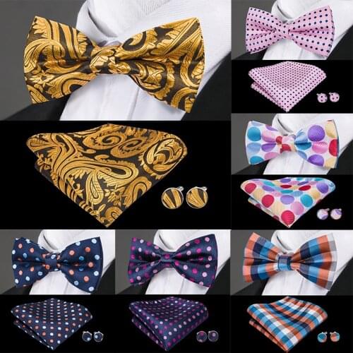 Barry.Wang Pre-Bow Tie For Men Adult Silk Butterfly Red Gold Bow Tie Hanky Cufflinks Set Collar Removable Necktie Wedding Party