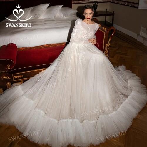 Boho Long Sleeve Wedding Dress 2021 O-neck Appliqued A-Line Vestido De Novia Princess SwanSarah L106 Plus Size Bridal Gown