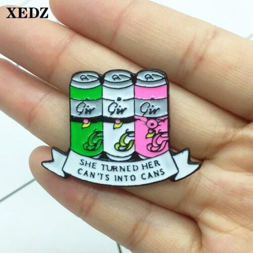 XEDZ tri-color Cola carving cans brooch drink celebration letter ribbon SHE TURNED HER CAN'TS INTO CANS backpack lapel pin gift