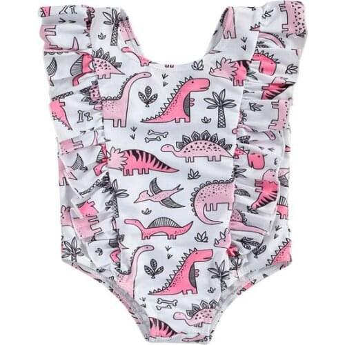 Xingqing Girls Cartoon Dinosaur Print Sleeveless Ruffle Bathing Suit One-piece Swimsuit Swimwear Beach Wear One Piece Bikinis
