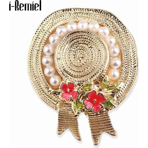 Vintage Grass Hat Brooches for Women Red Flower Green Leaf Pearl Suit Coat Pin Scarf Buckle Jewelry Womens Bag Accessories Gifts