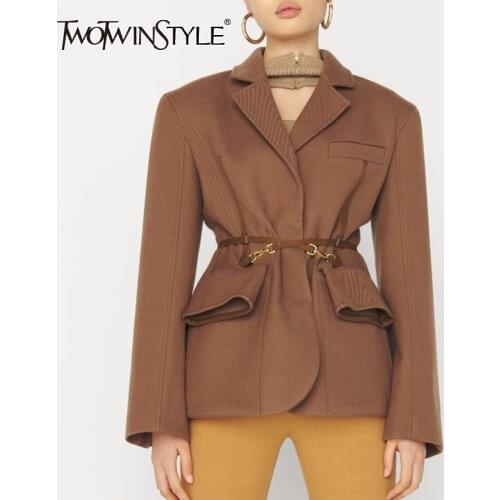 TWOTWINSTYLE Casual Slim Solid Belt Pocket Blazer Notched Long Sleeve Split Gathered Waist Coat For Women Autumn Style 2021 New