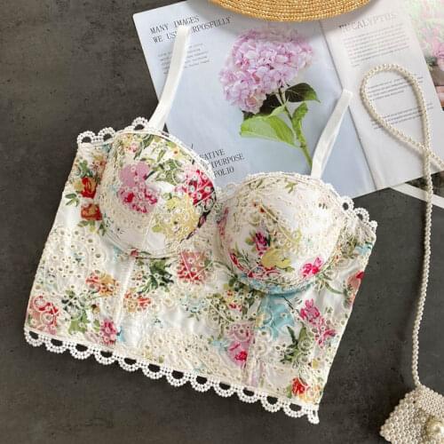 Womens Embroidery Floral Hollow Lace Bustier Crop Top Sexy Corset Bra y2k fairycore Tops 2021