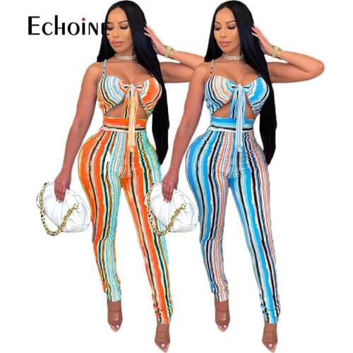 Echoine Women Summer Sexy Striped Print Sling Crop Tops Leggings Two Piece Set Tracksuit Sport Party Nightclub Outfits Beachwear